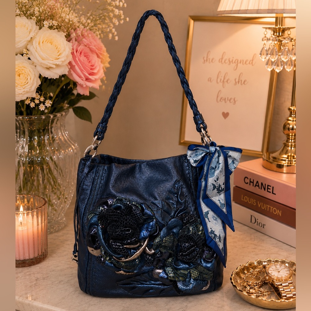 BRIGHTON MASTERPIECE 3D FLORAL LEATHER APPLIQUE SHOULDER BAG
